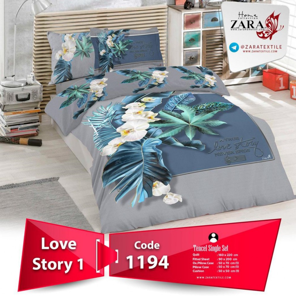 سرویس روتختی لحاف برند Zara مدل Love Story 1 کد 1194 تک نفره 5 تیکه