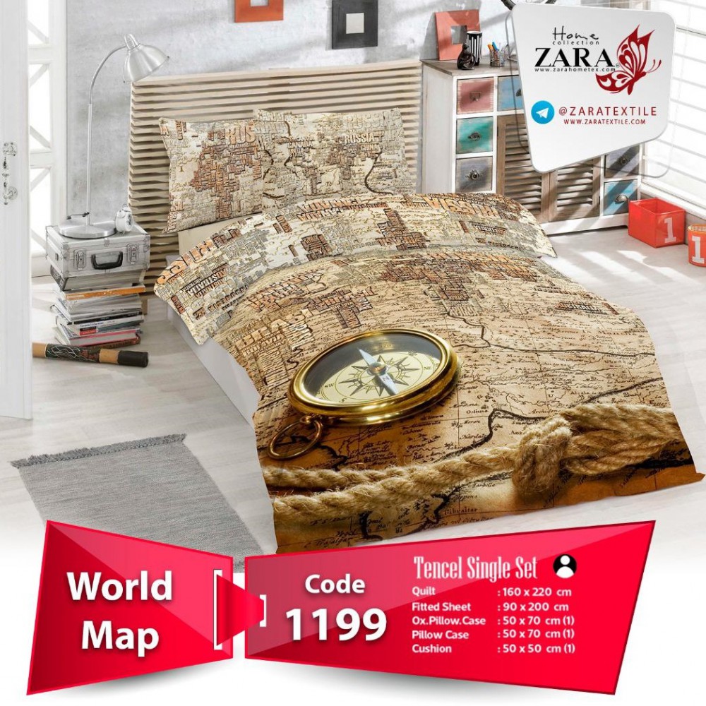 سرویس روتختی لحاف برند Zara مدل World Map کد 1199 تک نفره 5 تیکه